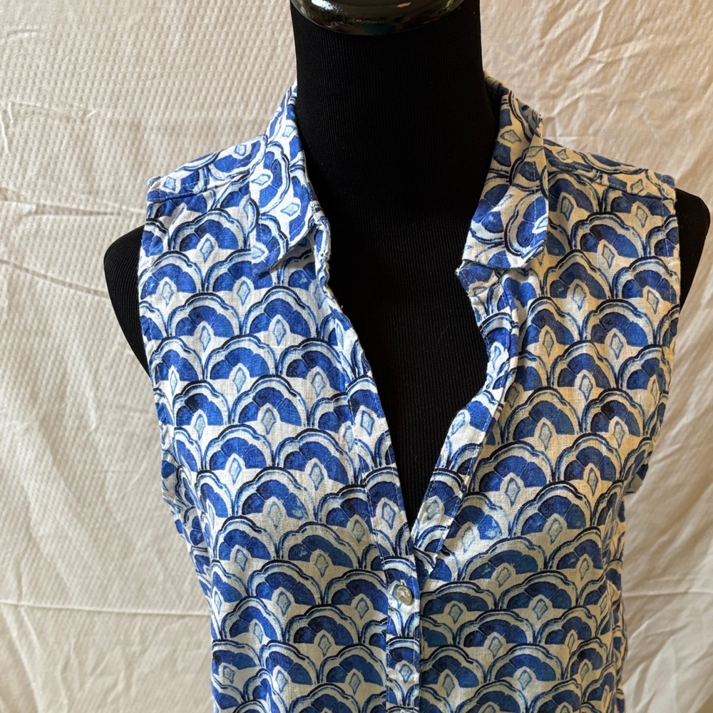 Sigrid Olsen Blue and White Linen Fan Medallion Print Midi Dress Small NWT’s - Picture 2 of 11